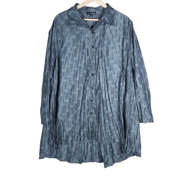Sun Kim Womens Tunic Blouse M Grey Pleated Polka Dot Button Down Artsy Boho Chic - Picture 1 of 13